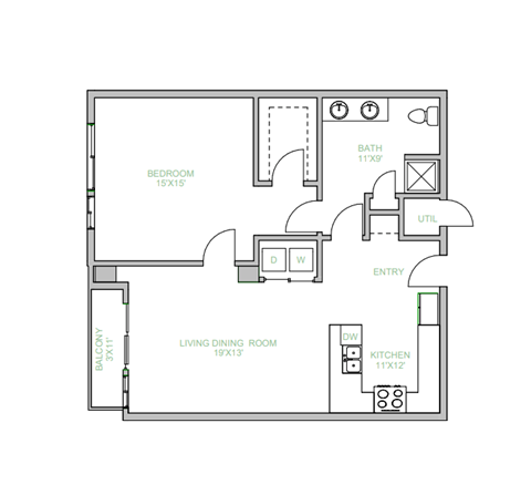 Floor plan for 1 bed, 1 bath, 707 sqft